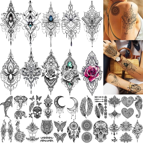 TASROI 32 hojas de tatuajes temporales de loto negro sexy para mujeres niñas indio tribal encaje tatuaje pegatina cuello mandala flor mariposa rosa tatuaje temporal atrapasueños elefante henna tatuaje
