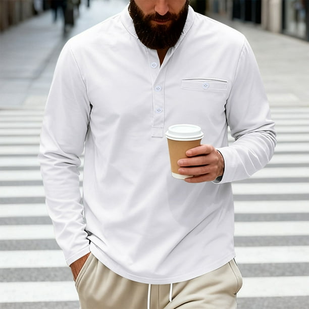 pstuiky camisetas de manga larga para hombre, Camisa informal de sarga de color liso con cuello alto y bolsillos abotonados para hombre top de hombre l