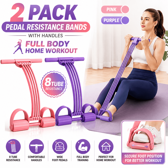 2 Pack Pedal Resistance Bands with Handles, 8 Tube Foot Resistance Bands for Home Workout, Full Body Exercise Equipment with Foot Pedals