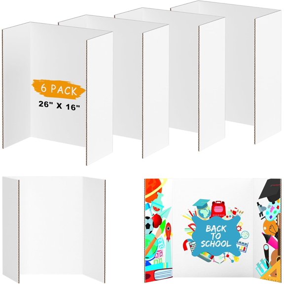 6 Pack Medium Trifold Poster Board, 26" x 16" White Corrugated Cardboard Tri Fold Poster Boards for Presentation, School Projects, Science Fair, Photo Display Exhibitions Event