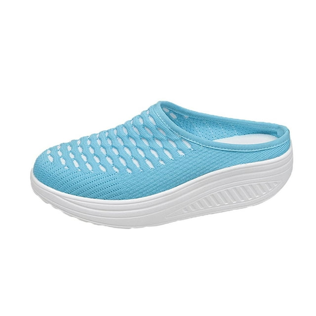 Platform Sandals Women Slide Closed Toe Fabric Mesh Breathable Walking Shoes Light Blue