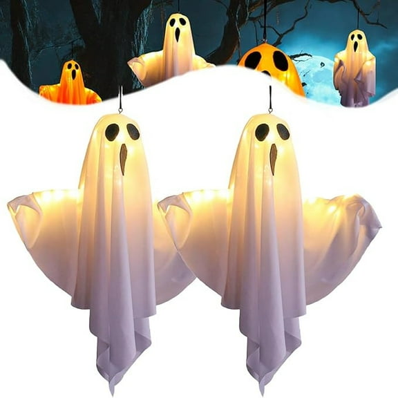 Ghost Halloween Decor,Hanging Ghosts,Mobile Joint,Light Up Ghost,Spooky Ghost LED Hanging Lights for Indoor Halloween Decor- Battery-Operated String Lights(White 2pcs S 20*16in)