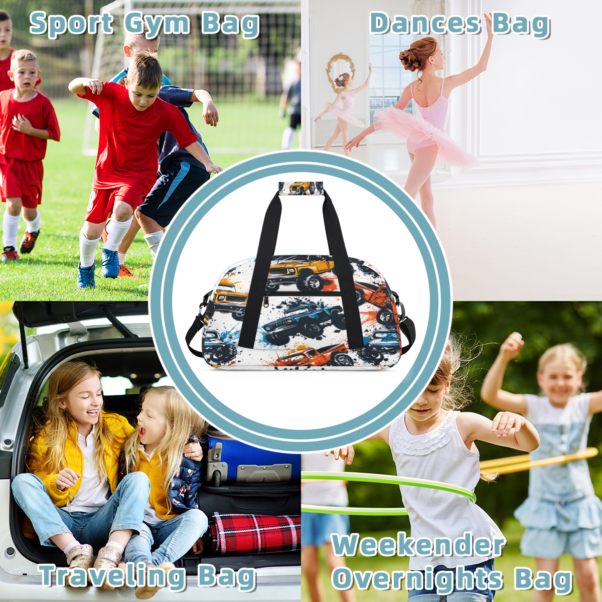 Herdesigns Sports Duffle Bags Travel Duffle Bag Gym Bag Monster Truck Car Weekender Travel Bag Waterproof Overnight Bag Carry On Travel Tote Bag Dance Bags