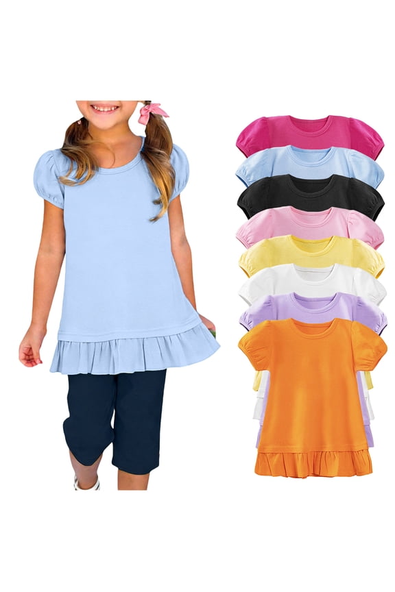 Girls Short Sleeve T-Shirts Solid Sleeve Short Sleeve Round Neck Ruffled Hem Tee Girls Summer Tops