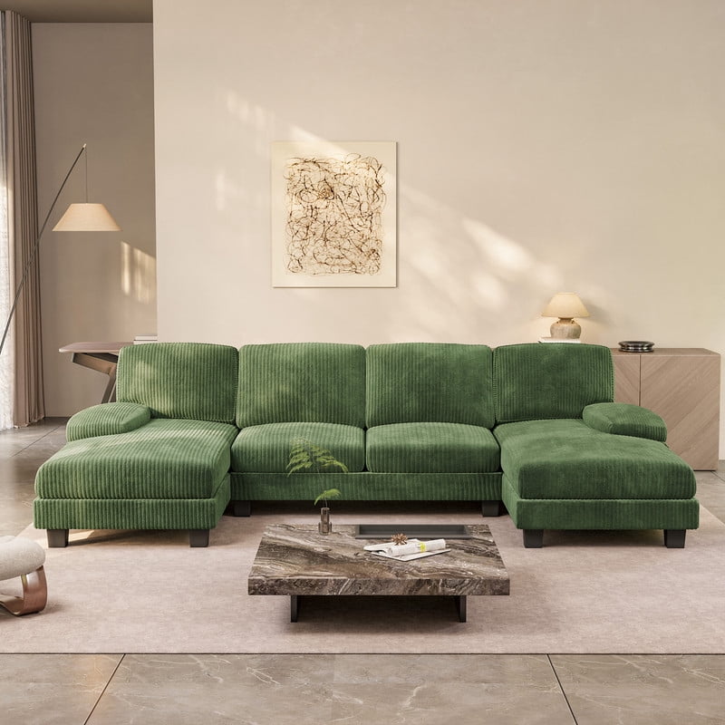 Homall U Shaped Sectional Sofa with Soft Corduroy Sofa Couch with Double Chaise for Apartments,Living Room, Corduroy Green