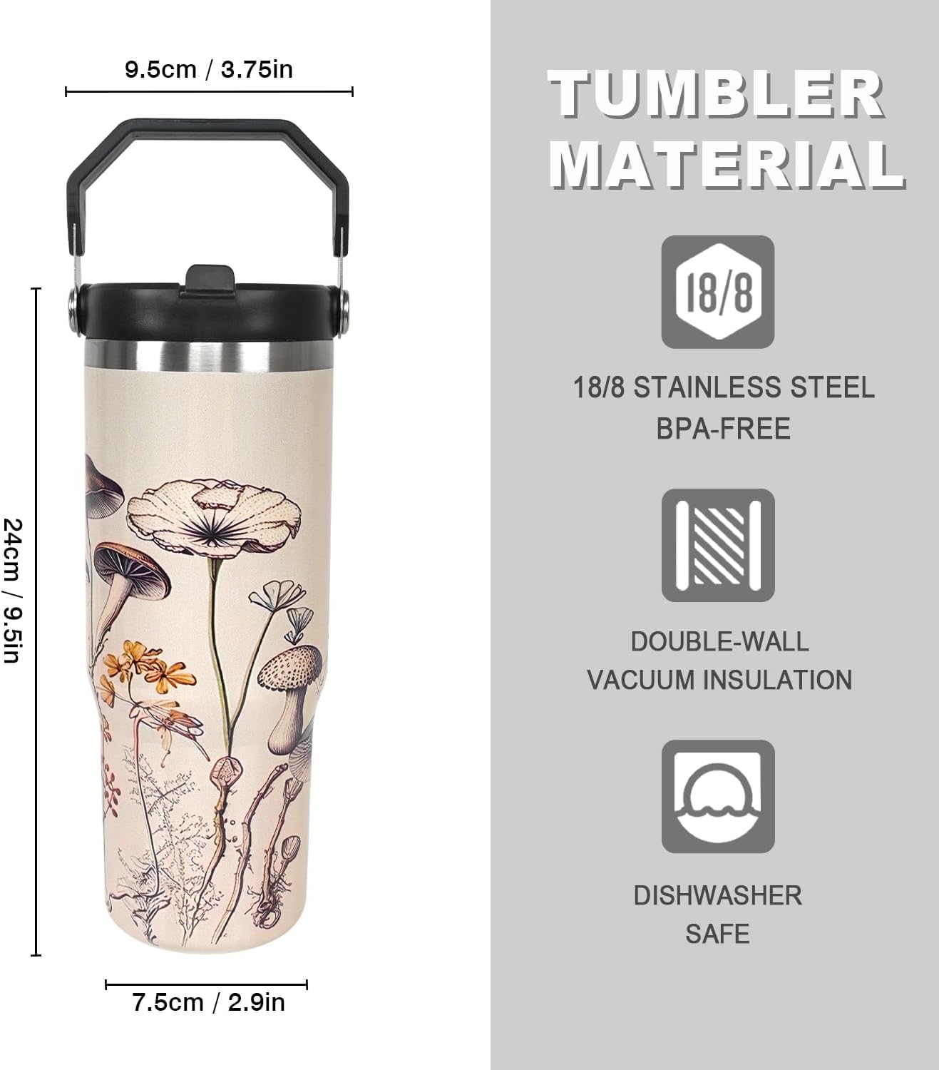 30 oz Black Bottle Spill Proof Mushroom Tumbler with Top Handle and Straw Lid Stainless Steel Double Wall Insulated Tumbler Coffee Mug Gift for Women Men Travel Cup for Car (Plant)