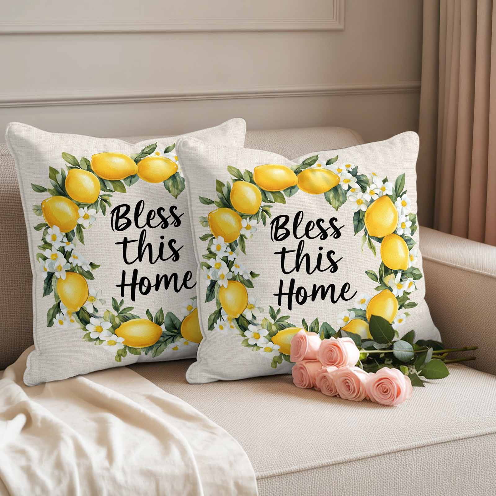 Country Bless This Home Pillow Covers 2 Pack Yellow Lemon Linen Texture Pillowcase Waterproof Outdoor Throw Pillow Cover for Patio Garden Square Cushion 24”x24”