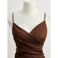 thumbnail image 3 of Brown Satin Bodycon Dress With Pearl-Embellished Spaghetti Straps, Crossover Neckline, Ruched Waist And Side Slit, 3 of 5