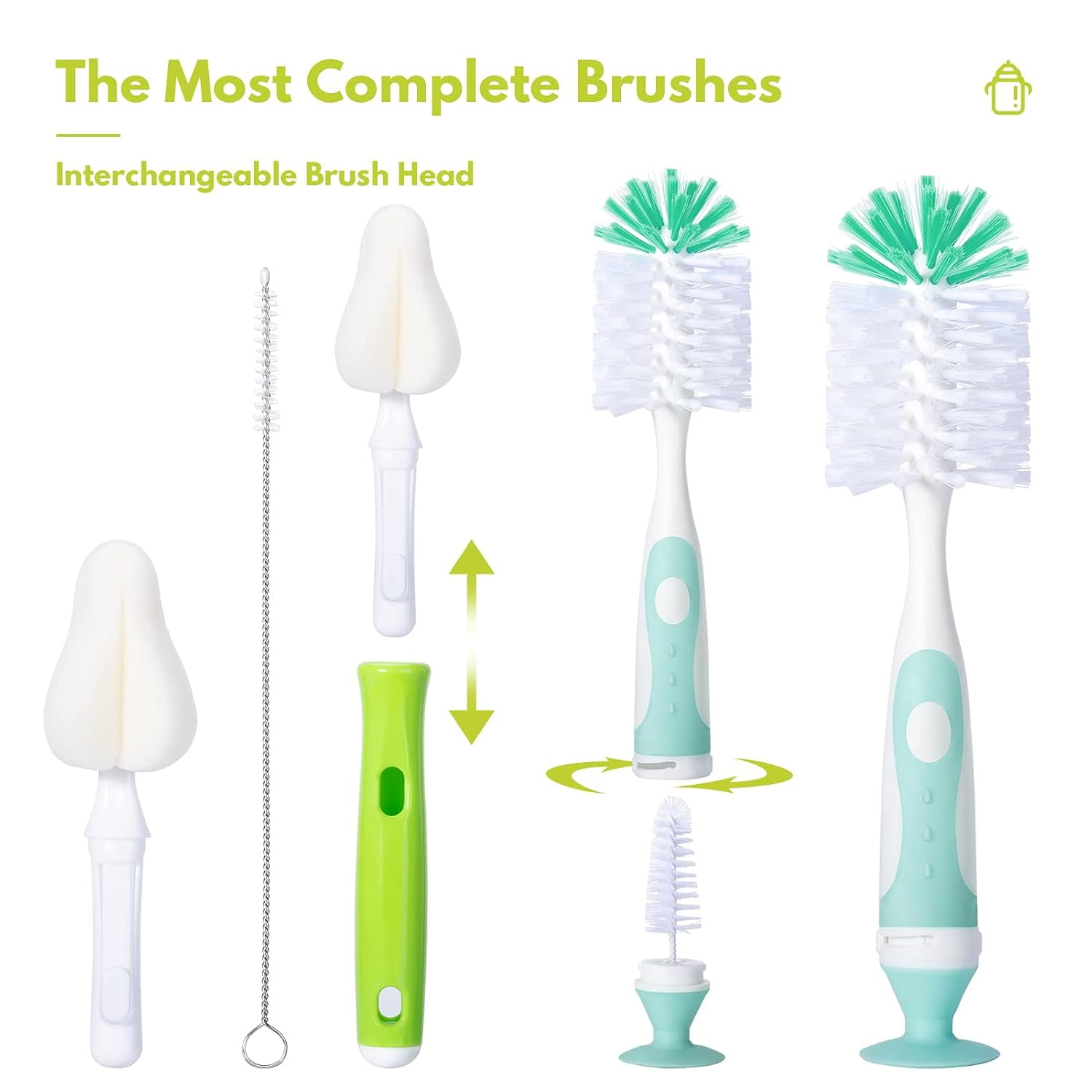 Baby Bottle Brush with One Base Hidden Nylon Nipple Cleaner, 2 Pcs Sponge Nipple Brushes, 2 Pcs Straw Brushes, Bottle Brush with Nipple Cleaner and Suction Cup (Gray)