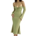 thumbnail image 3 of xiaxaixu Robe Midi Élégante pour Femmes, Bretelles Licou, Décolleté Bas, Manches Longues, Couleur Unie, Robe de Soirée Sirène, 3 of 8