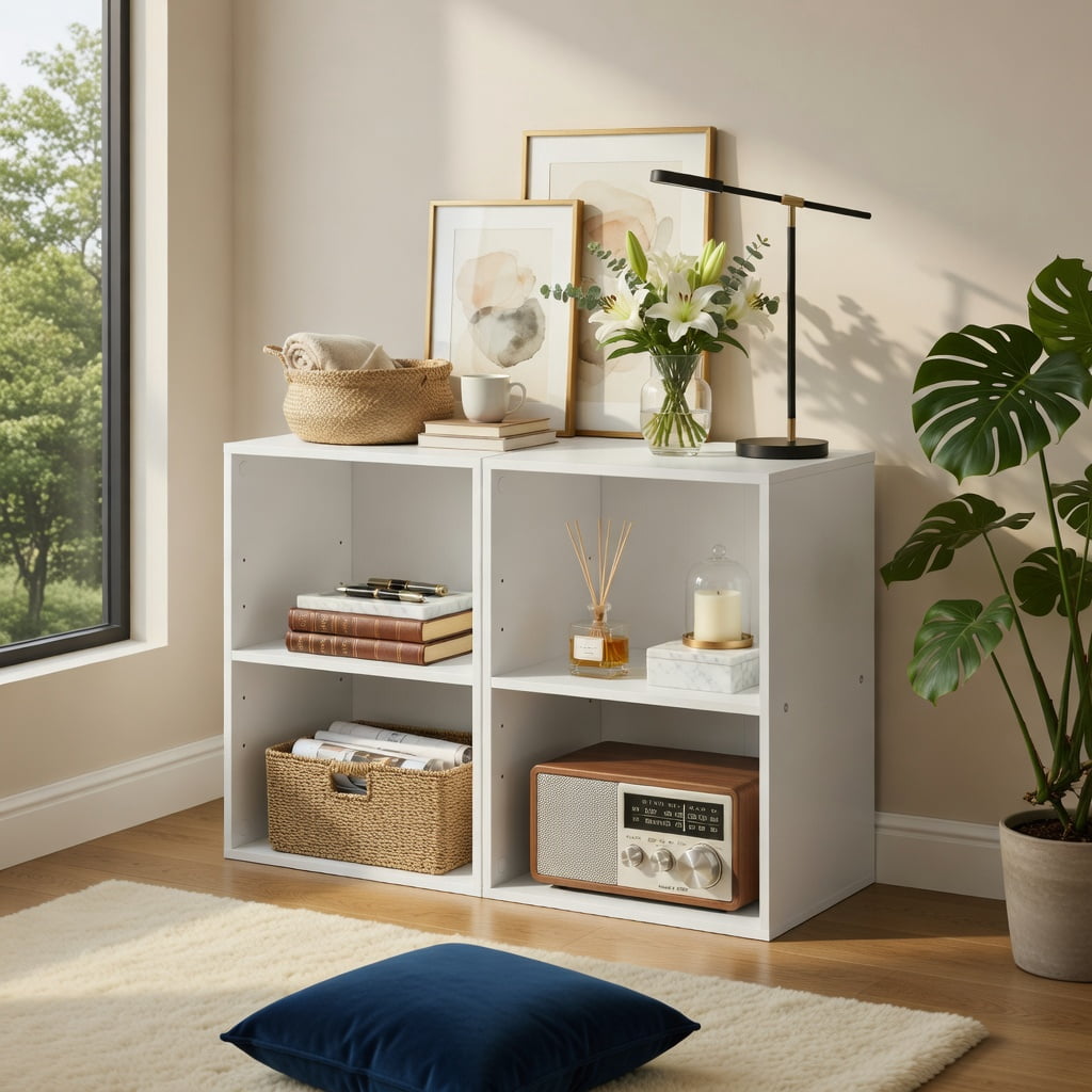 Topcobe 2-Cube Bookcase Floor Standing Open Bookshelf with 5-Position Adjustable Shelf, Corner Bookshelf, Storage Shelf, Book Organizer-White
