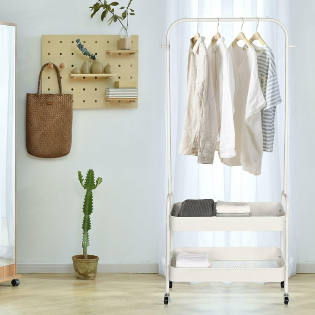 Portable Closet Garment Clothing Rack with 4 wheels, 2 In 1 Coat Rack with  2-Tier Storage Basket and Side Hanging Hooks 