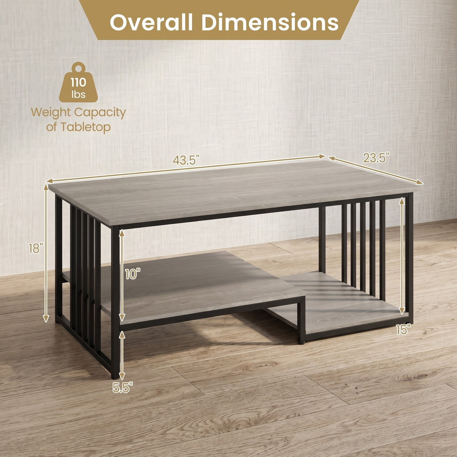 Furnibear 43.5" 2-Tier Coffee Table with Open Storage Shelf, Modern Rustic Wood and Metal Frame Center Table for Living Room, Rectangular Farmhouse, Oak and Black
