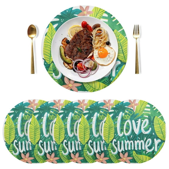 Plants Leaves Summer Black Round Placemats Plate Mats 15 Inch Non-Slip Heat Resistant Washable PVC Set Indoor for Kitchen Dining Table 1PC