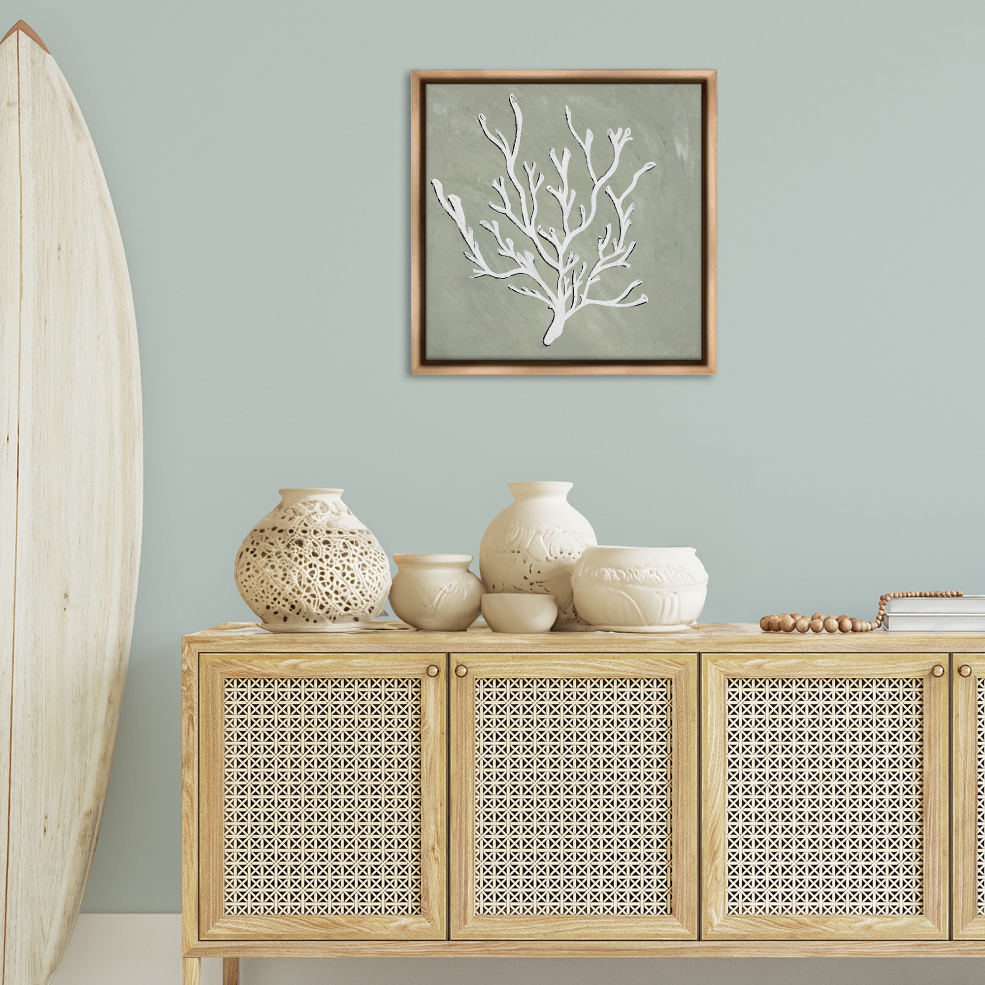 Stupell Industries White Coral Sprig Coastal Painting Brown Floater Framed Canvas Art Print Wall Art, 25 x 25