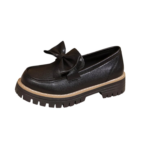 Black Women'S Loafers, Chunky Heel Slip On Shoes, Bowknot Patent Leather Round Toe Comfortable Casual Footwear, Size 6, 1.16 Lb