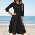 thumbnail image 2 of WTOBBY Women's Classic Solid Color Waistband Round Neck 3/4 Sleeve Dress, Flowy Midi Sundress with Timeless Style for Various Occasions,Black XL, 2 of 5