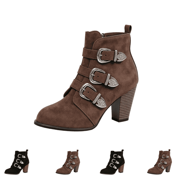 EKVAHL Women's Buckle Strap Ankle Booties, Faux Suede Round Toe Chunky High Heel Booties, Retro Style Fall Winter Daily Outdoor Booties Brown