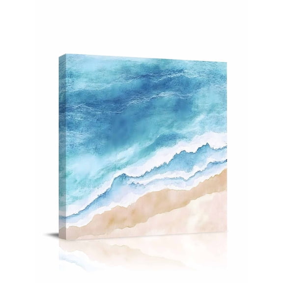 Abstract Beach Ocean Canvas Wall Art, Blue Waves Watercolor Framed Wall Decor Modern Artwork Prints Painting for Living Room, Bedroom, Kitchen & Cafe Decor 28x28 Inch