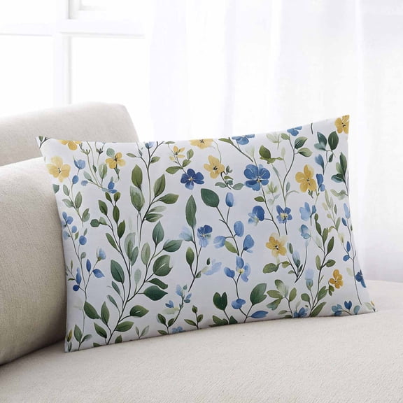 Blue Yellow Floral Spring Throw Pillow Cover, Pillowcase Protectors with Zipper, Breathable Decorative Lumbar Pillow Case Cover, Summer Pastoral Botanical Green Pillow Shams for Couch Sofa 12x20Inch