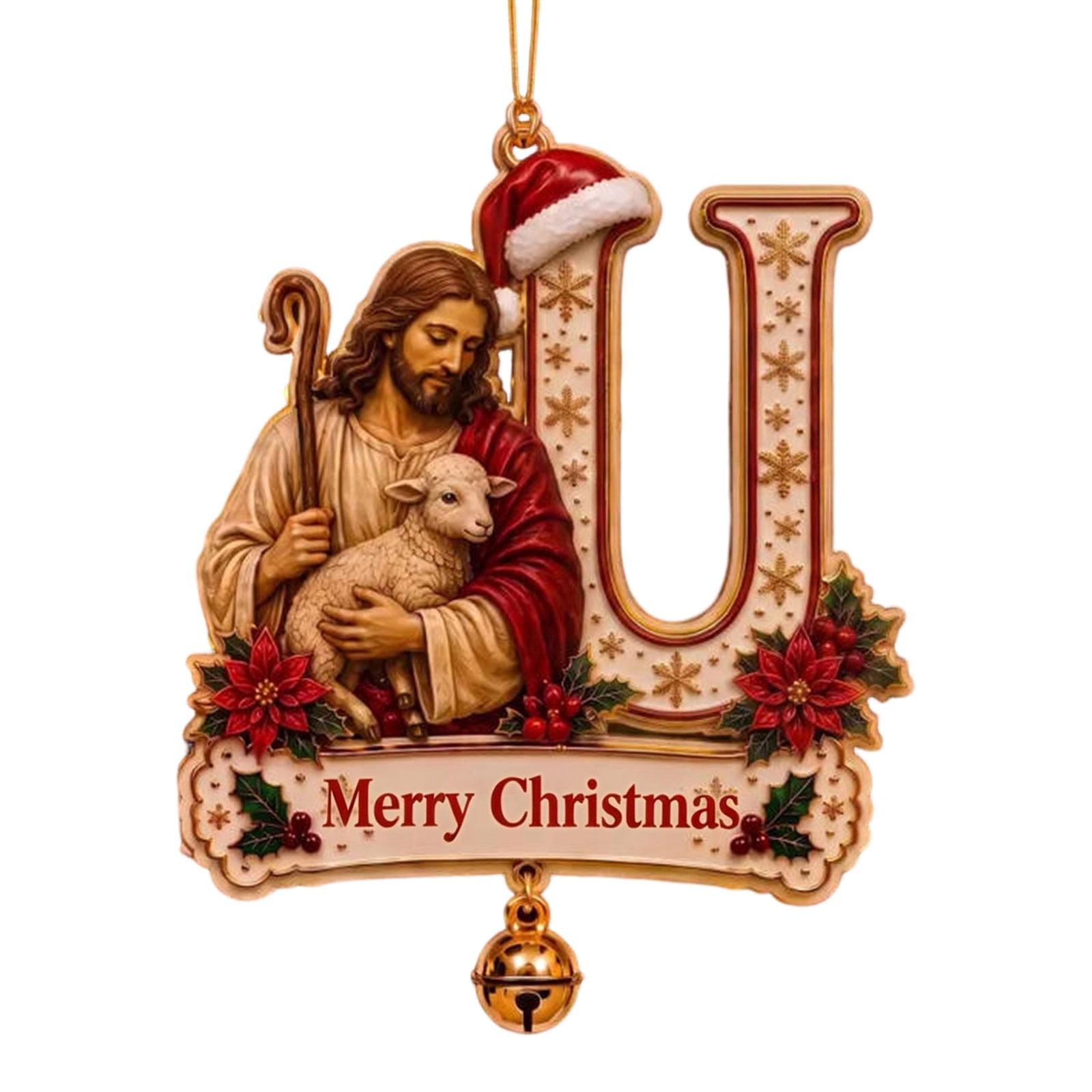 Nativity Scene Letter Personalized Christmas Ornaments 2D Flat Acrylic Alphabet Letters Hanging Pendant with Bell for DIY Craft Hanging Name Tags Xmas Tree Decor(U)