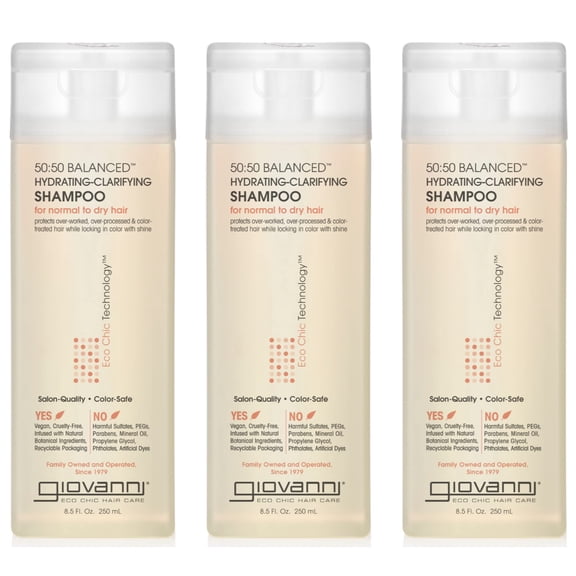 GIOVANNI 50:50 Balanced Hydrating Clarifying Shampoo, 8.5 oz. Leaves Hair pH Balanced for Over-Processed, Environmentally Stressed Hair, Sulfate Free, No Parabens, Color Safe, Gallon Size (Pack of 3)