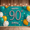 thumbnail image 6 of Teal Background Happy 90th Birthday Banner with Glittery Balloons and Star Elements Birthday Party Decoration Photography Props Backdrop Party Supplies, 6 of 6