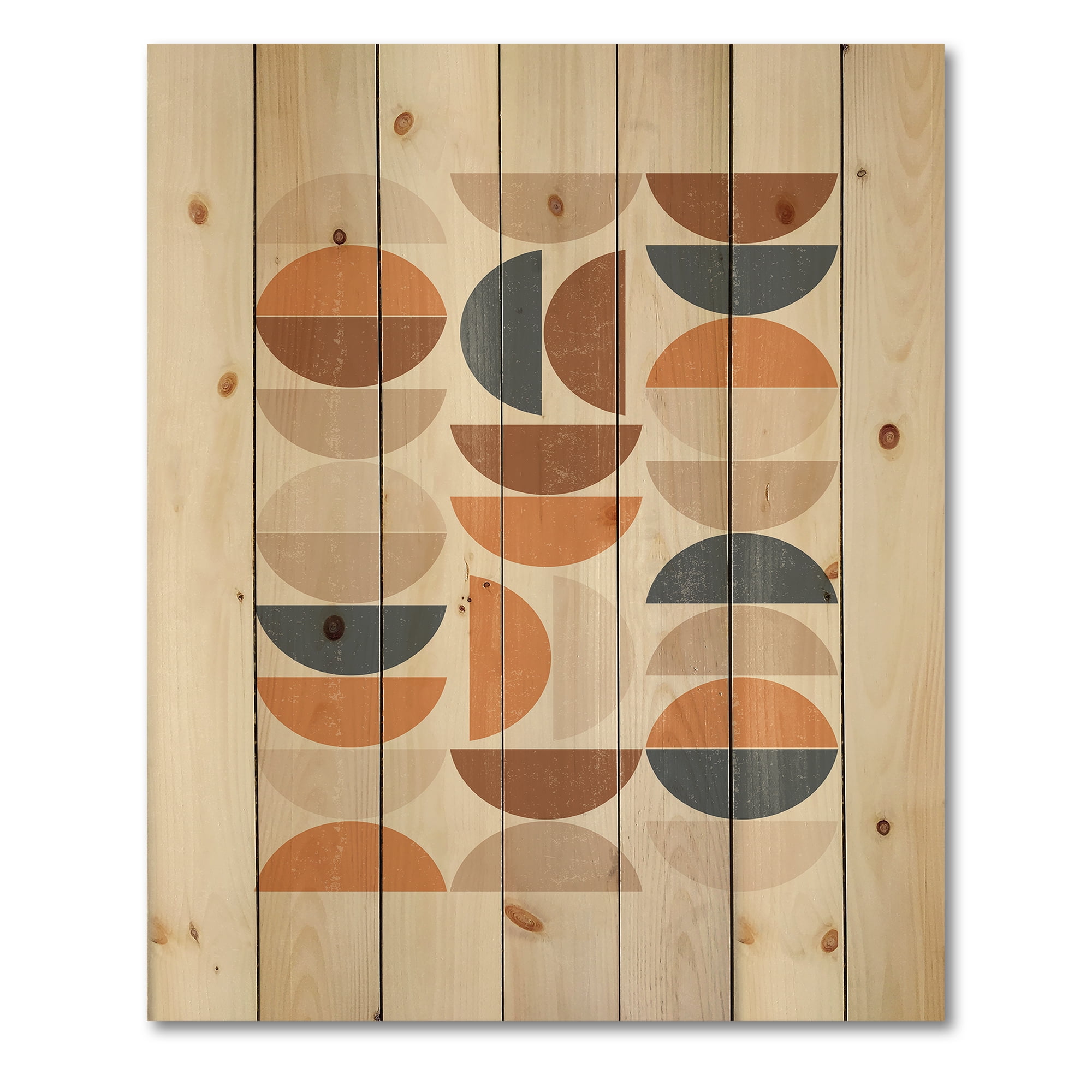 Designart 'Abstract Moon and Sun In Orange and Blue' Modern Print on Natural Pine Wood