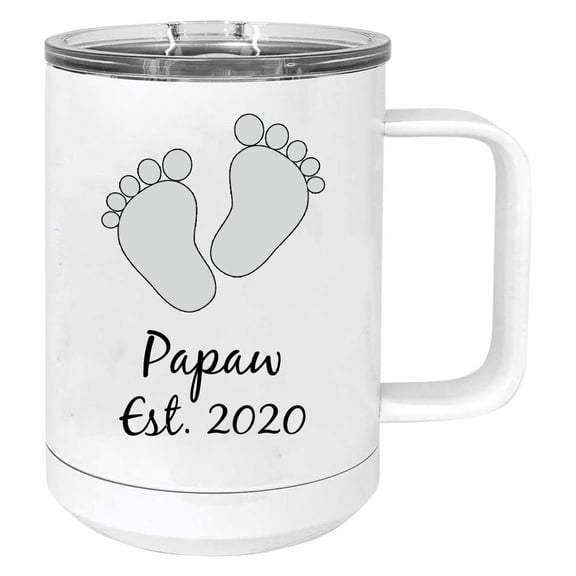Baby Feet Papaw Est. Established 2020 Stainless Steel Vacuum Insulated 15 Oz Travel Coffee Mug with Slider Lid, White