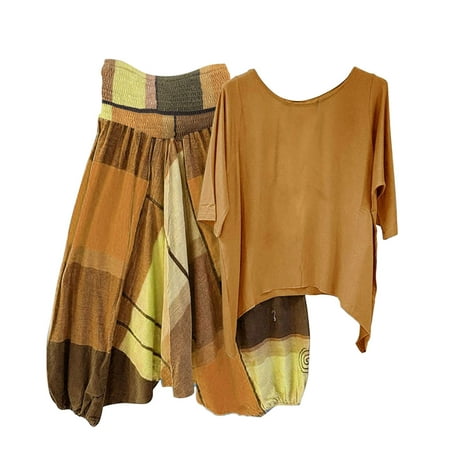 

Matching Sets for Women Round Neck Loose Fit 3/4 Sleeve Solid Color Top 2PCS Linin And Cotton Fashion Women Clothing Stripe Pattern Long Pants Elastic Pajama Sets for Women Soft Yellow S