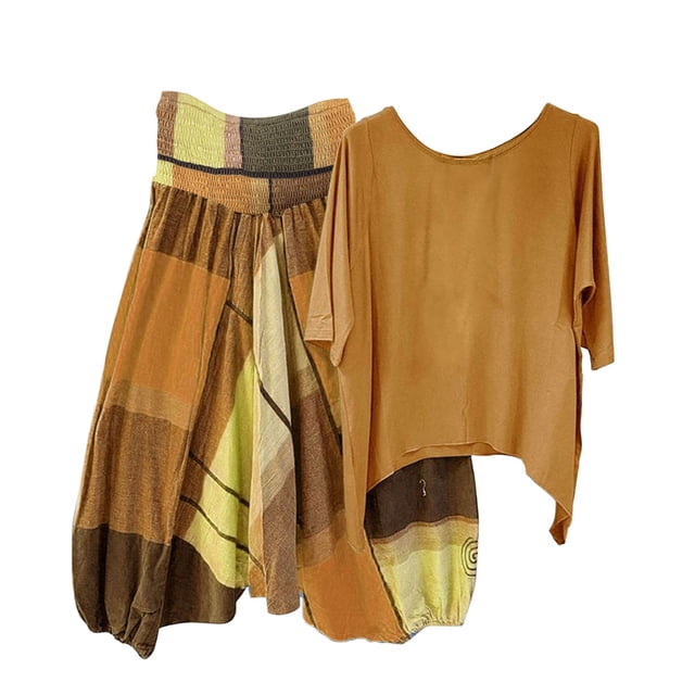 Ensemble Chemise et Demi-Chemise Femme Imprimé Col Rond Manches Mi-Longues Chandail Chemise Hauts + Pantalon