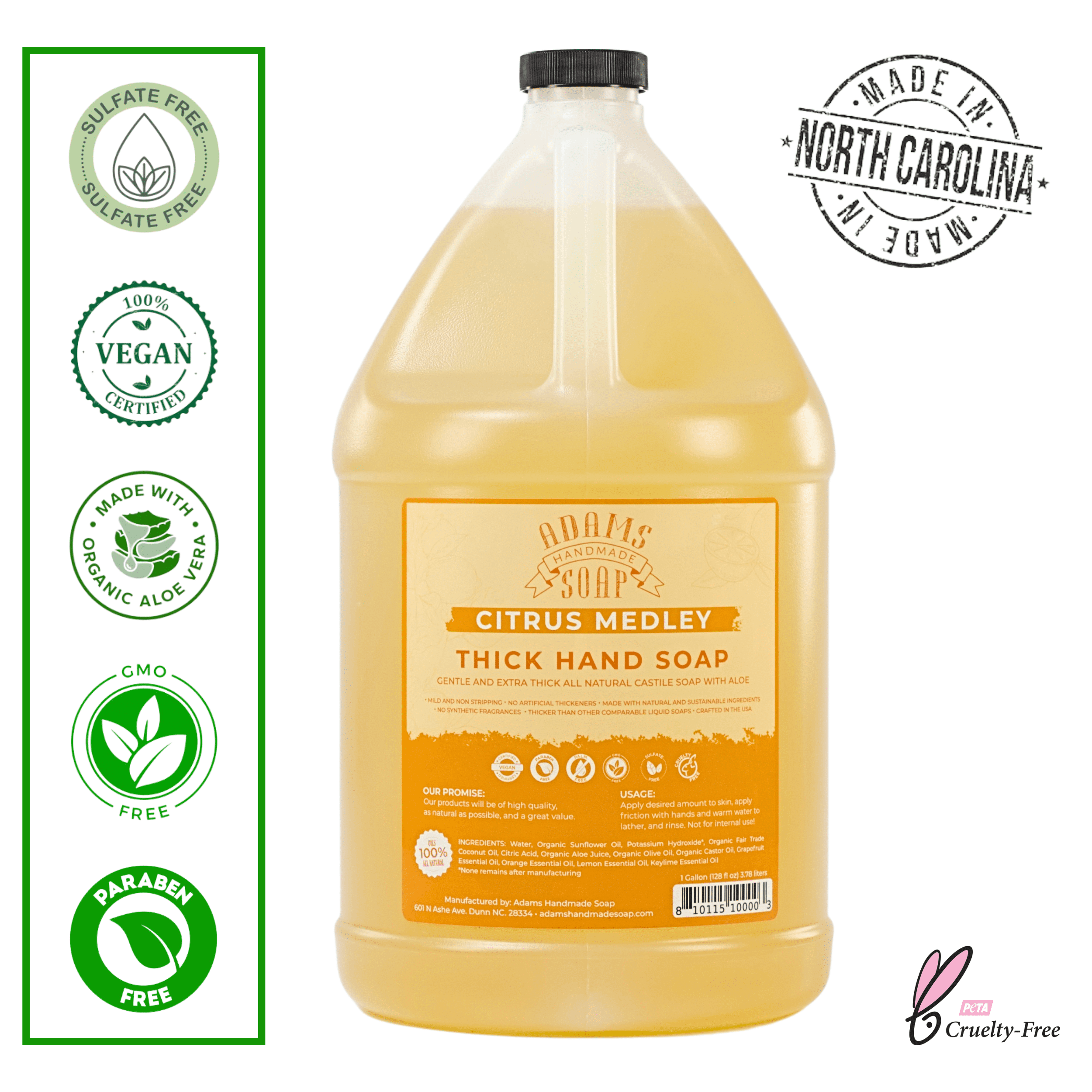 Citrus Medley Organic Liquid Castile Hand Soap 1 Gallon Refill Adams Handmade Soap