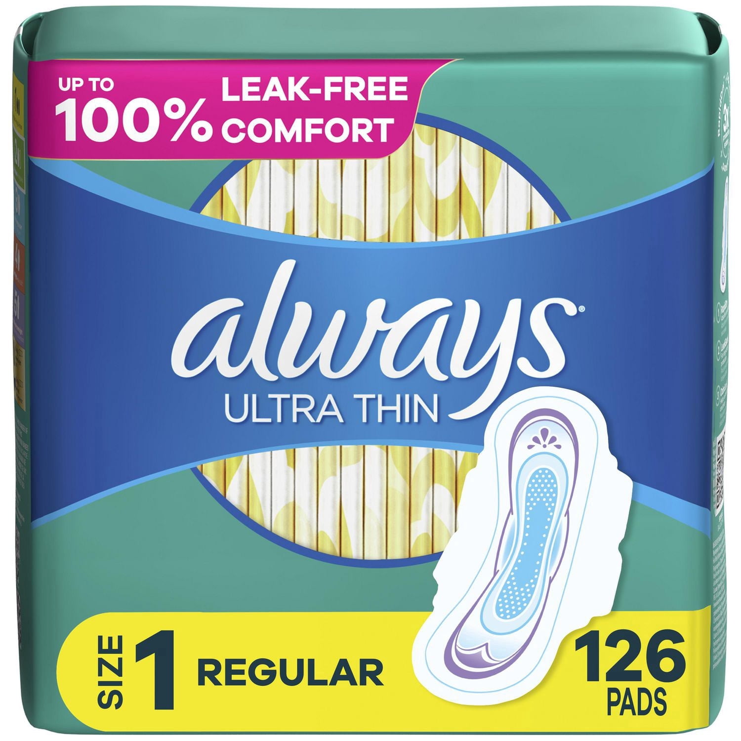 Always Ultra Thin Feminine Pads with Wings for Women, Size 1, Regular Absorbency, Unscented, 126 Count