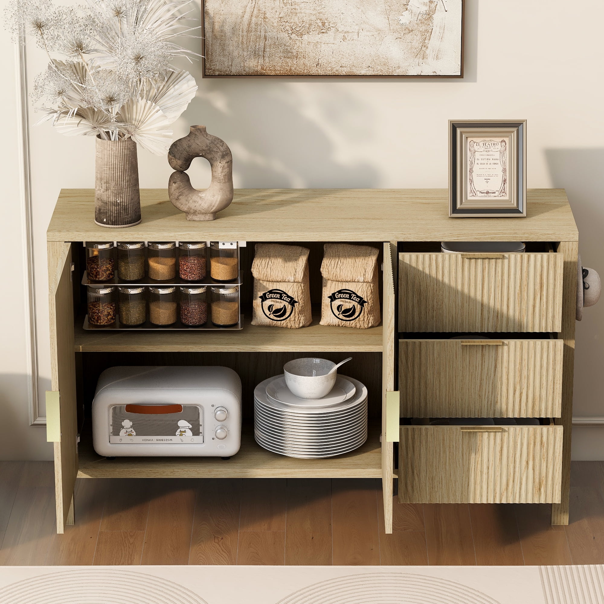 Modern Sideboard with 3 Drawers,Wave-Pattern Storage Buffet Cabinet with Hooks,for Kitchen Living Room,Dining Room