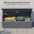 thumbnail image 4 of 100 Gallon Outdoor Deck Box, Grey Resin Waterproof Storage Bench with Pneumatic Gas Rods & Lockable Lid, 48" W Large Patio Organizer for Garden, Poolside, and Backyard Seating, 4 of 7