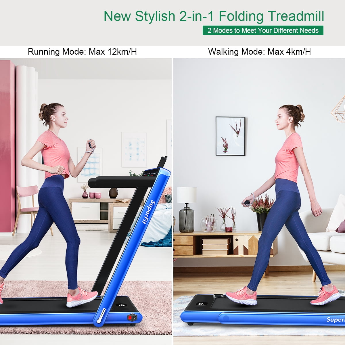 Gymax 2 in 1 Folding Treadmill 2.25HP Running Machine w/ Dual Display Blue