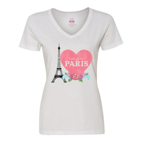 Inktastic Let's Go to Paris with Pink Heart and Eiffel Tower Women's V-Neck T-Shirt