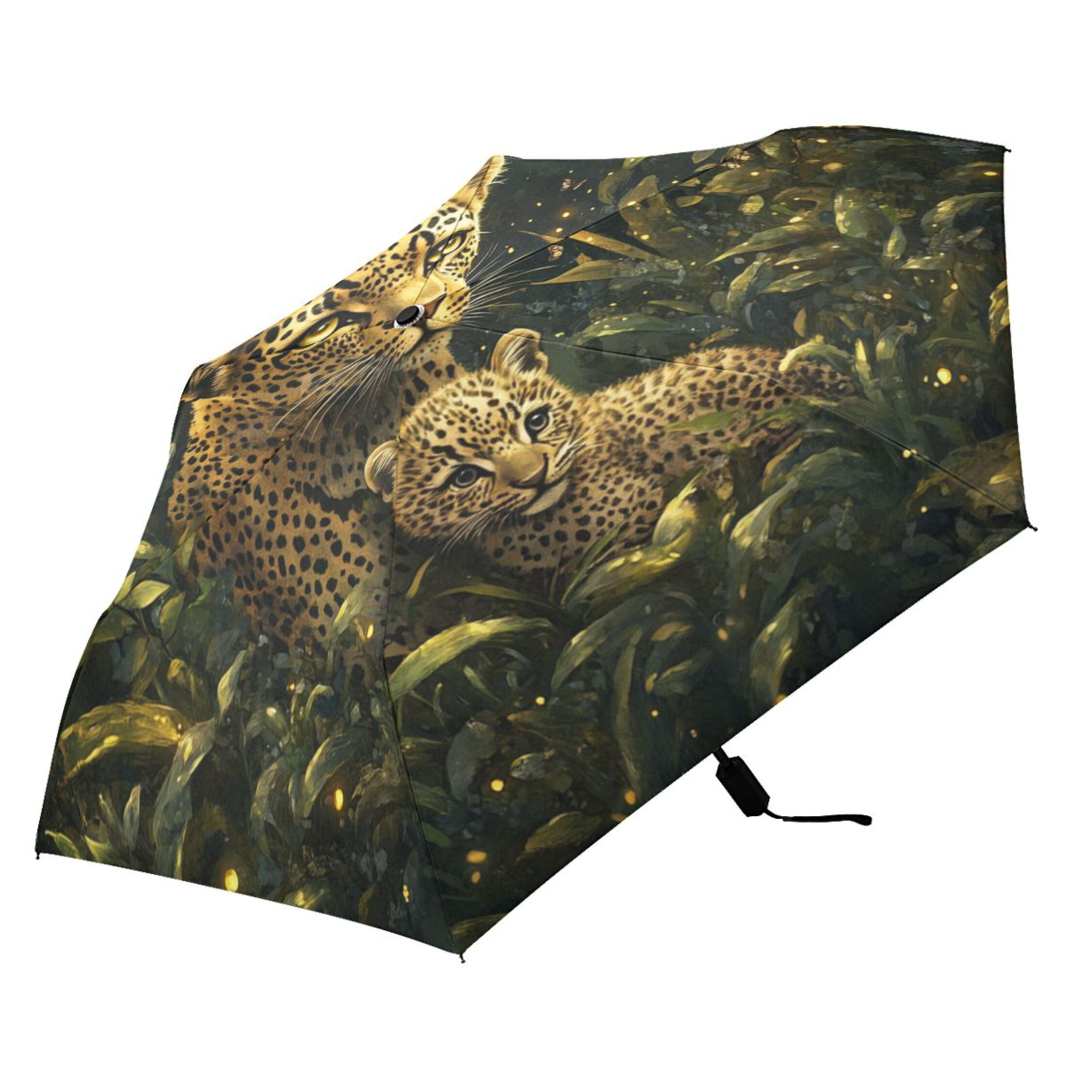 Leopards in Moonlight Jungle All Weather Umbrella Triple Folding Parasol 6 Ribs UV Protection Portable