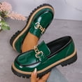 thumbnail image 3 of Green Ladies Loafers Metal Chain Detail Solid Color Glossy Leather Round Toe Chunky Low Heel Casual All Season Light Office Footwear Size 41, 3 of 5