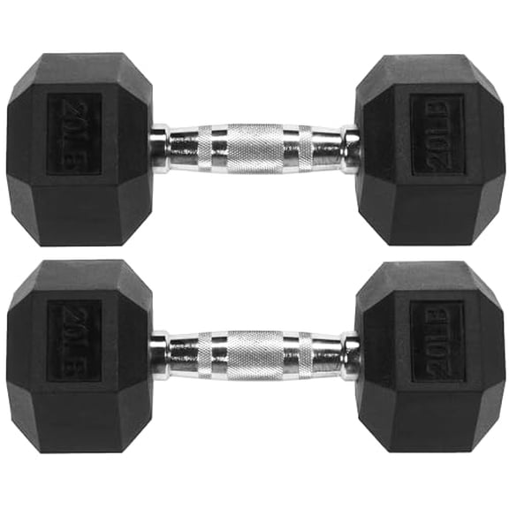FITVIDS HEX DUMBBELLS RUBBER COATED HAND WEIGHTS, 10-50LB, 20 LB PAIR - BLACK