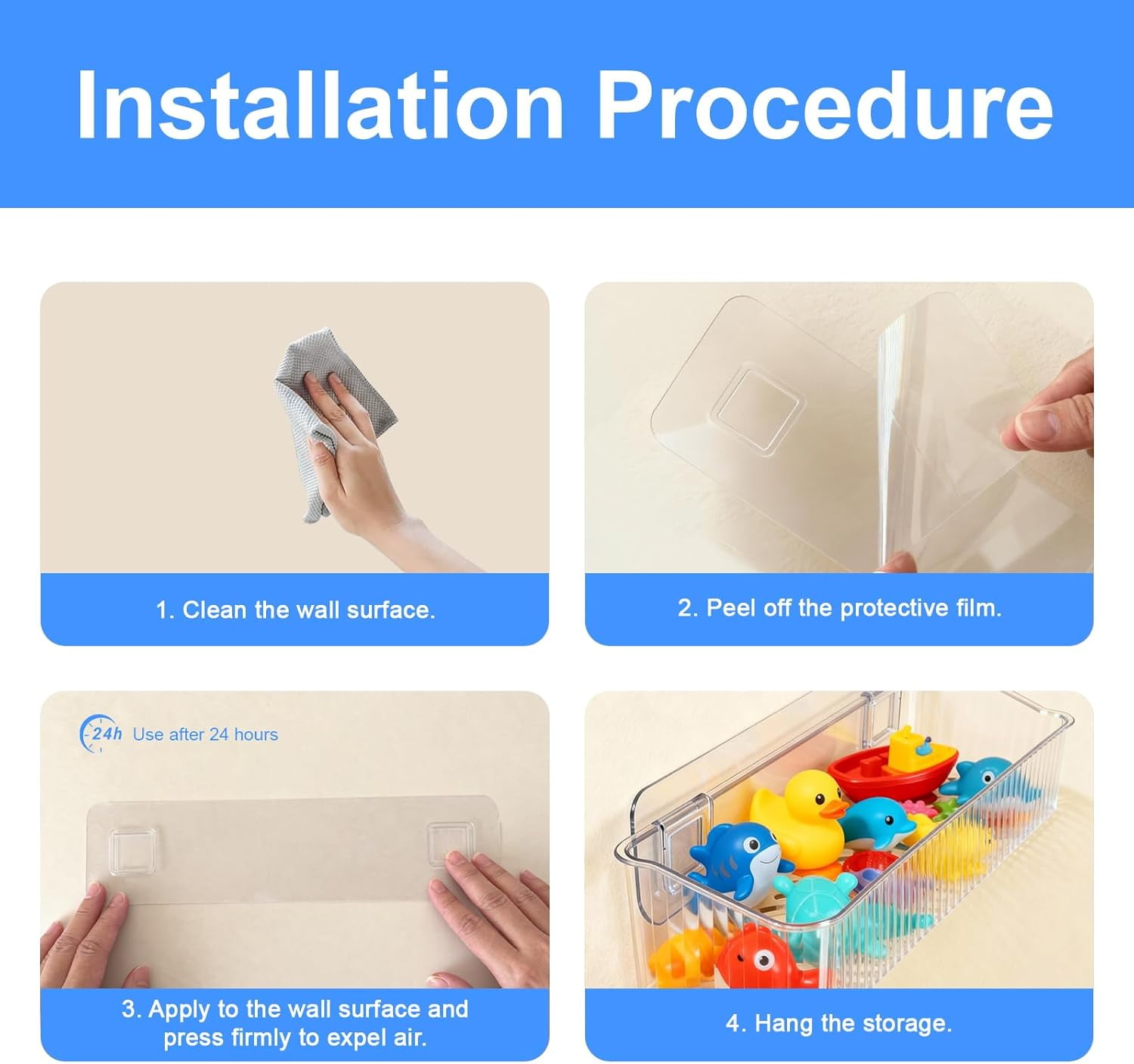 Bath Toy Storage Organizer with Drain Holes, Large Capacity Adhesive Shower Caddy, Quick-Dry Clear Plastic Bath Toy Holder, Easy to Install and Clean (2 Pack)