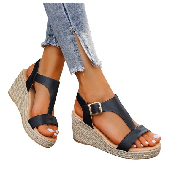 IUJSOY Womens Espadrilles Dress Platform Sandals T-Strap Open Toe Buckle Ankle Strap Wedge Sandals
