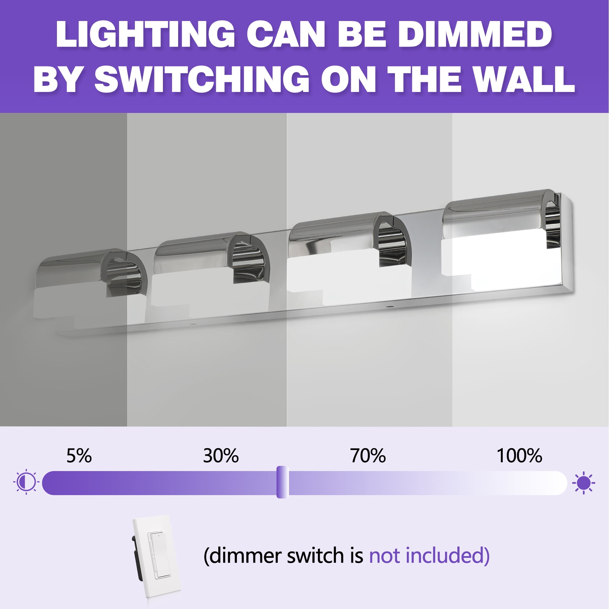 GCGAFUL 30 in. 4-Light Modern Chrome LED Vanity Light Bar with Acrylic Shades for Mirror, Shower, and Bathroom Decor