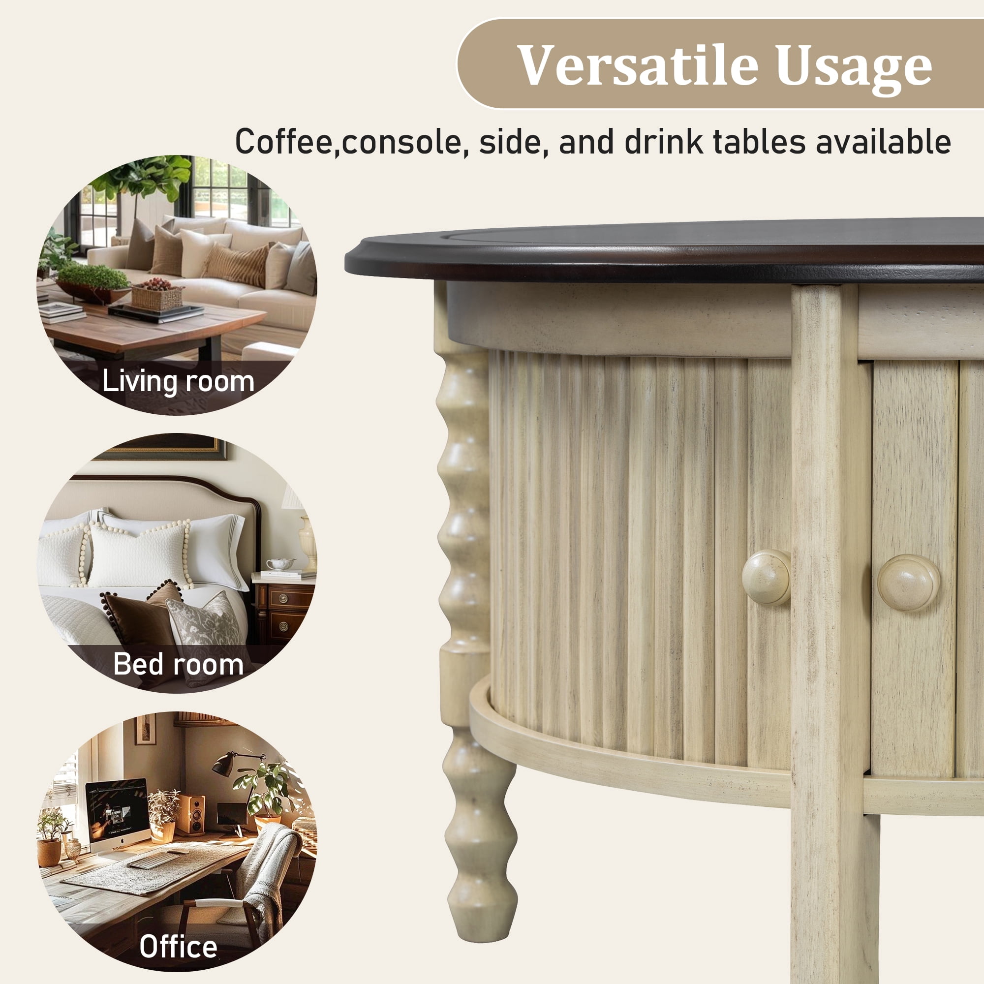 Vintage Round Coffee Table with Sliding Door, Antique Accent Table for Small Space Bedroom Living Room