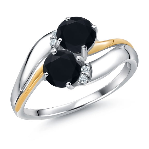Gem Stone King 925 Sterling Silver and 10K Yellow Gold Black Onyx 5MM Round 2 Stone and White Lab Grown Diamond Accent Ring for Women (0.98 Cttw, Gemstone December Birthstone, Size 9)