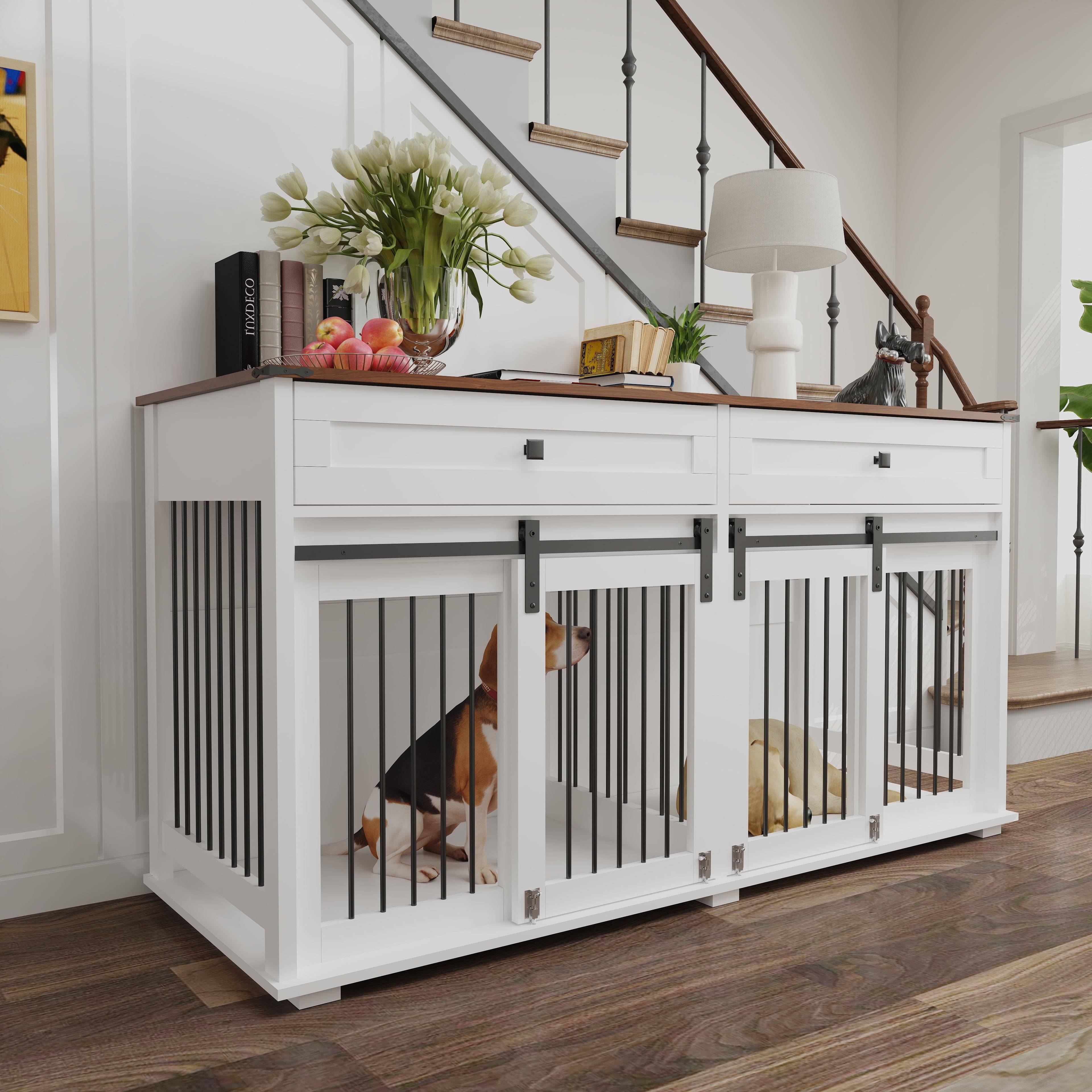 63" Large Dog Crate Furniture for Double Dog, Wooden Dog Kennel with 2 Drawers, Divider and Sliding Door, Water Resistant Indoor Pets Furniture Style Double Dog Crates