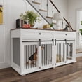 thumbnail image 4 of Noaman 63" Large Double Dog Crate Furniture, Wooden Dog Kennel with 2 Drawers, Removable Divider & Sliding Door, Water-Resistant Tabletop, Rustic Style for Indoor Pets, White & Brown, 4 of 19