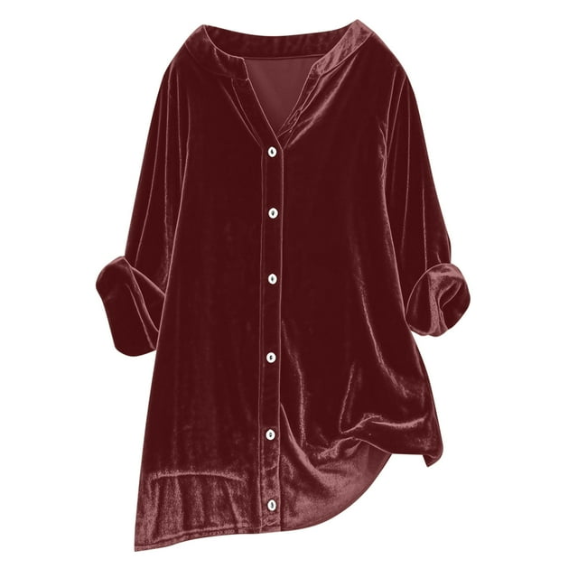 Dvprdro Womens Plus Size Button Down Velvet Shirts Solid V-Neck Long Sleeve Loose Tunic Blouse