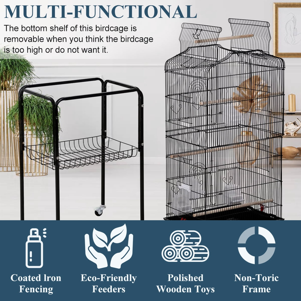 Dkeli Bird Cage with Stand Parrot Cages for Large Birds Parakeet Cage with Play Top & Rolling Stand for Medium Canaries, Lovebirds, Cockatiels, Parrots