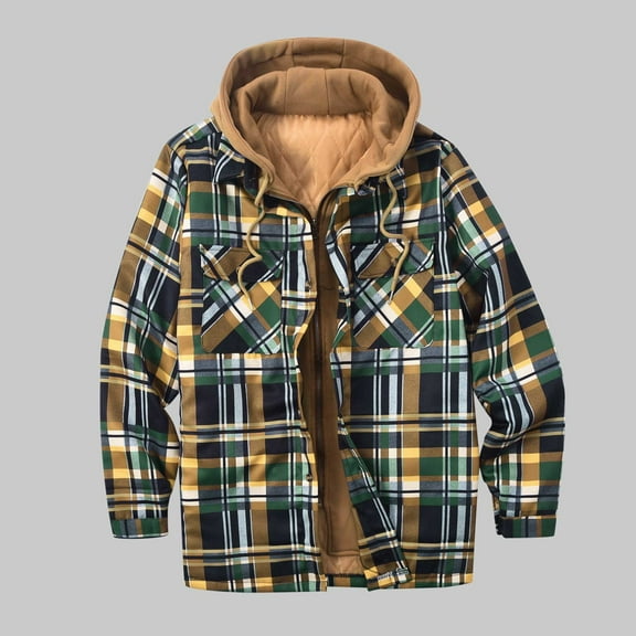 cllios Men's Quilted Lined Flannel Hooded Shirt Jacket, Soft Warm Long Sleeve Outdoor Cotton Plaid Shirt Jackets Full Zip Thicken Coat Outerwear